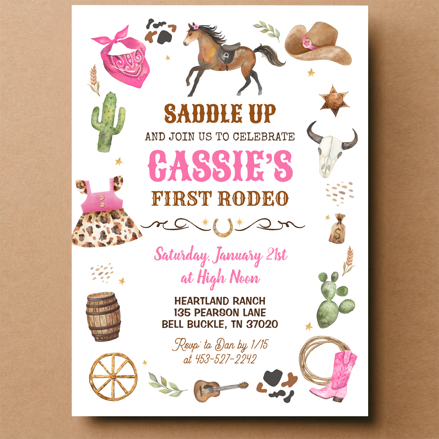 Cowboy 1st Rodeo Pink Wild West Theme Birthday Invitation - Image 14