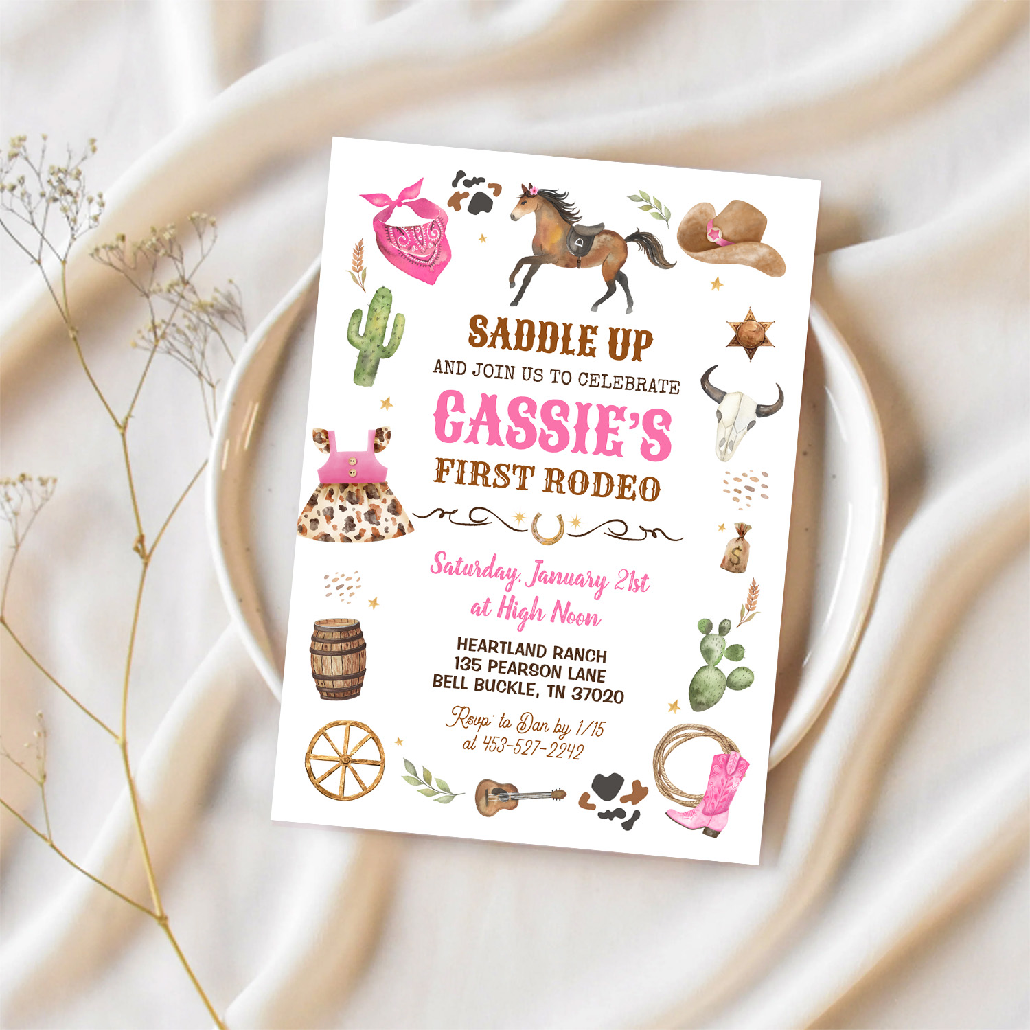 Cowboy 1st Rodeo Pink Wild West Theme Birthday Invitation - Image 2