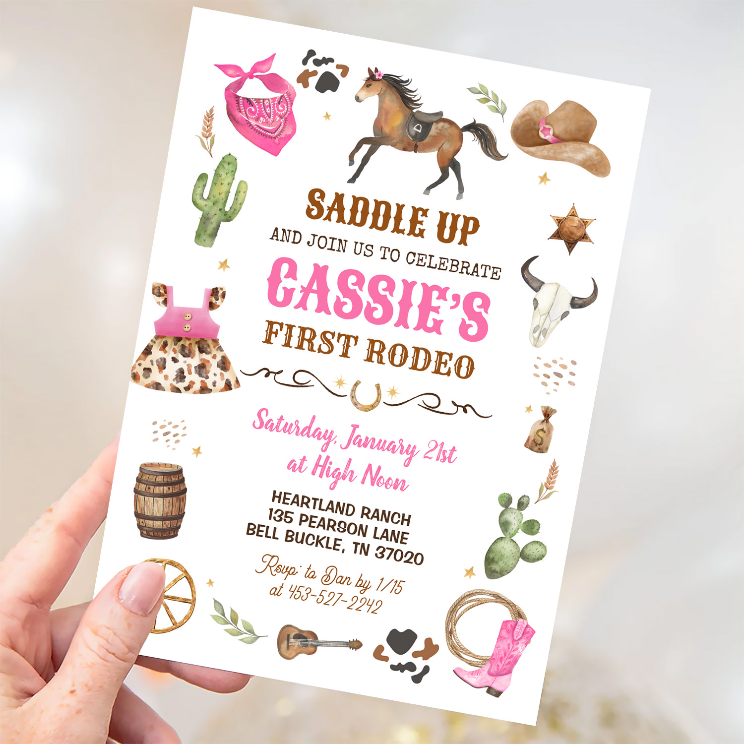 Cowboy 1st Rodeo Pink Wild West Theme Birthday Invitation - Image 3