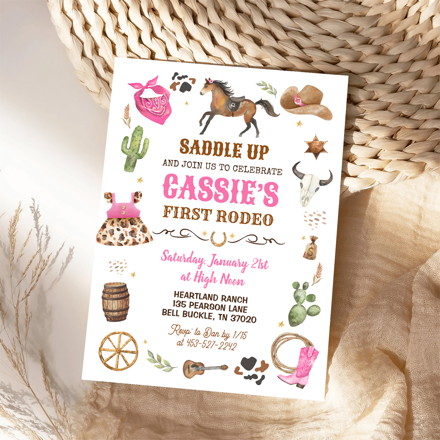 Cowboy 1st Rodeo Pink Wild West Theme Birthday Invitation - Image 4