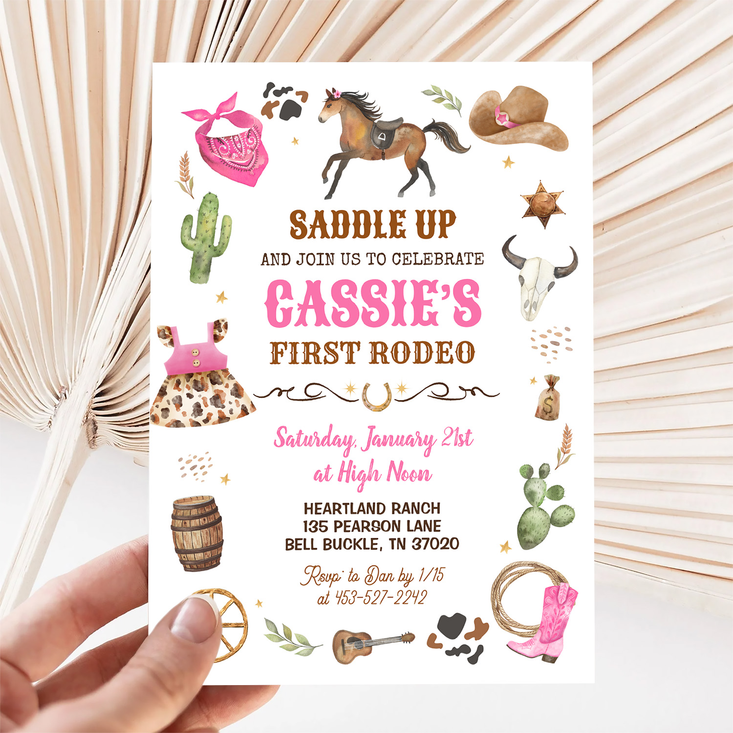 Cowboy 1st Rodeo Pink Wild West Theme Birthday Invitation - Image 5