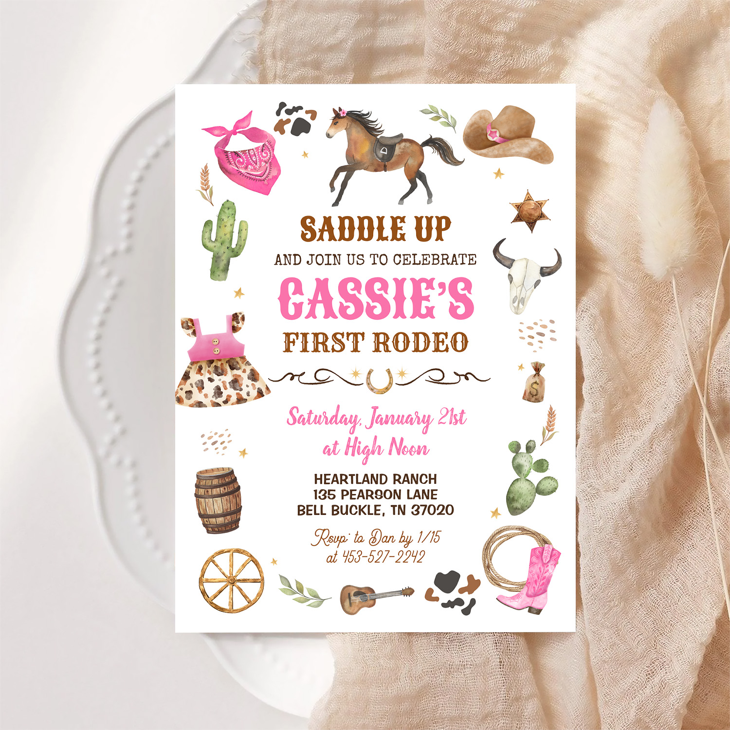 Cowboy 1st Rodeo Pink Wild West Theme Birthday Invitation - Image 6