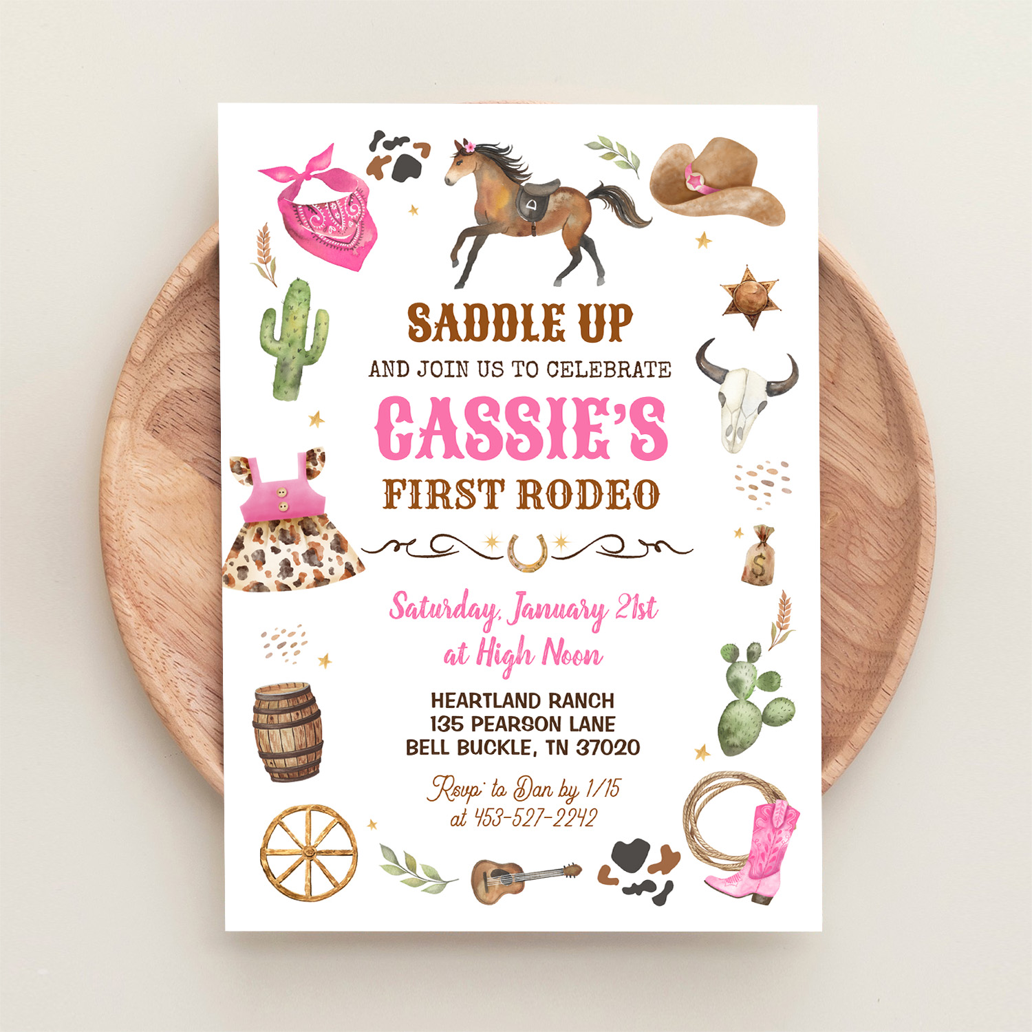 Cowboy 1st Rodeo Pink Wild West Theme Birthday Invitation - Image 7