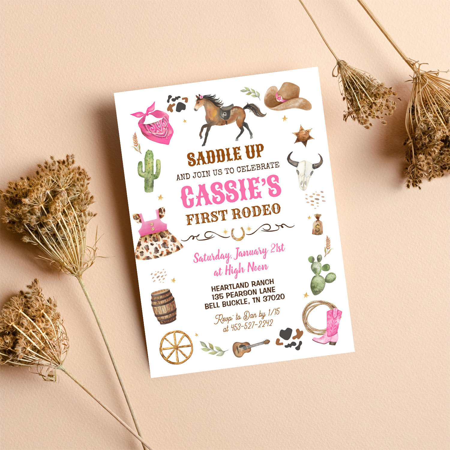 Cowboy 1st Rodeo Pink Wild West Theme Birthday Invitation - Image 8