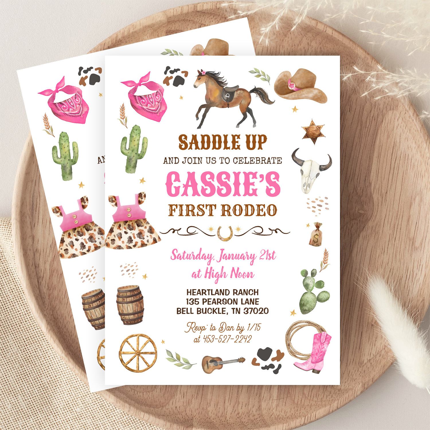 Cowboy 1st Rodeo Pink Wild West Theme Birthday Invitation - Image 9