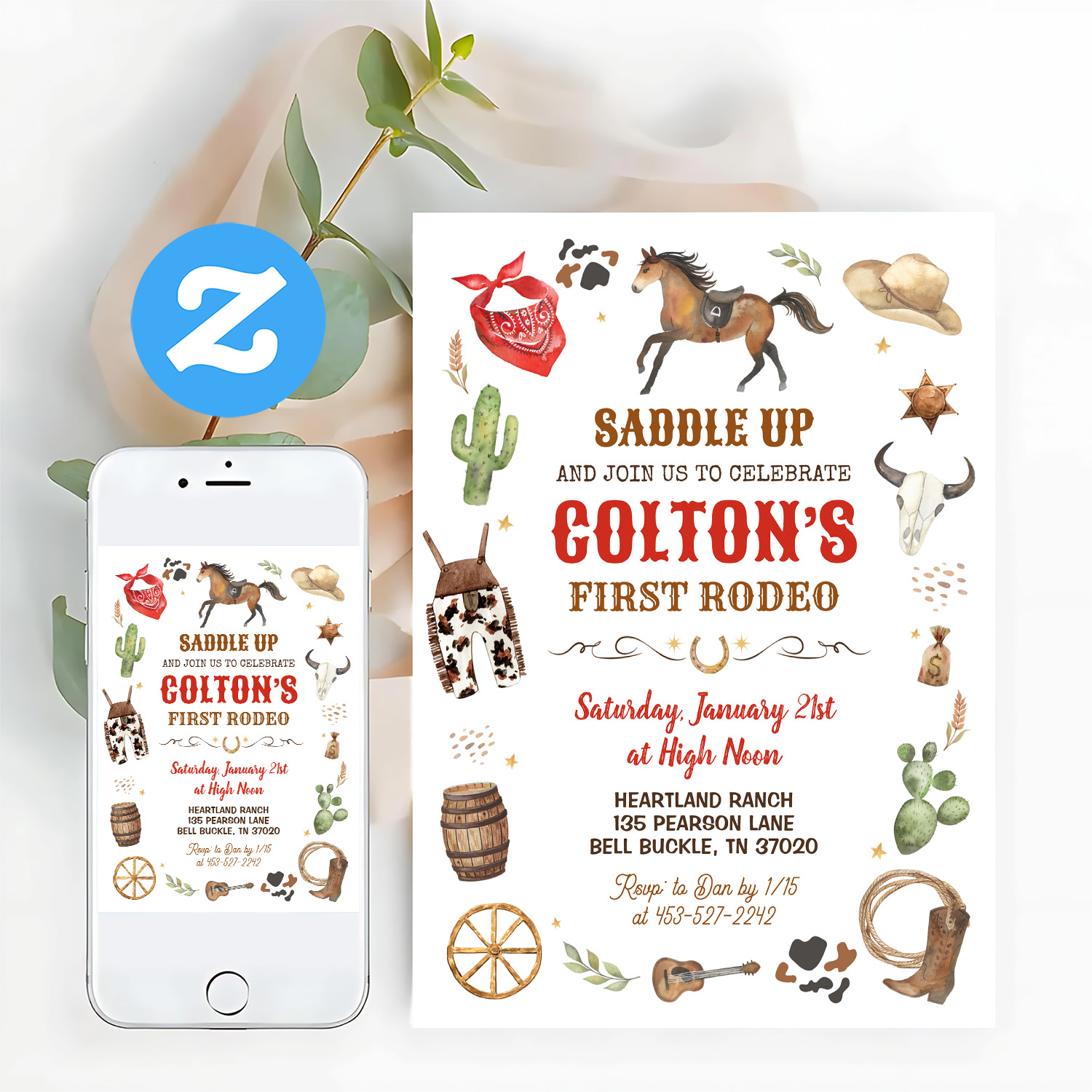 Cowboy 1st Rodeo Red Wild West Theme Birthday Invitation