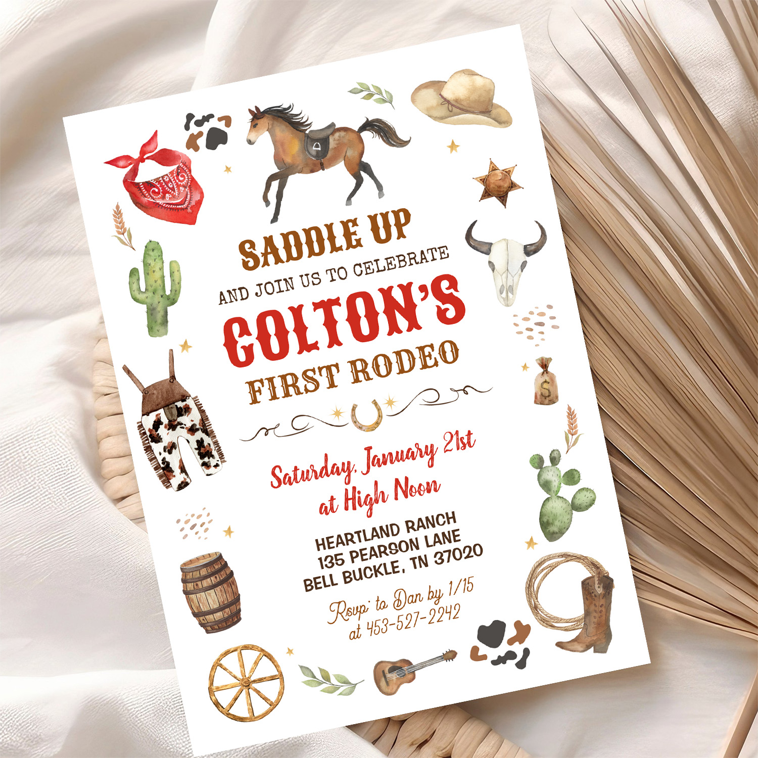 Cowboy 1st Rodeo Red Wild West Theme Birthday Invitation - Image 10