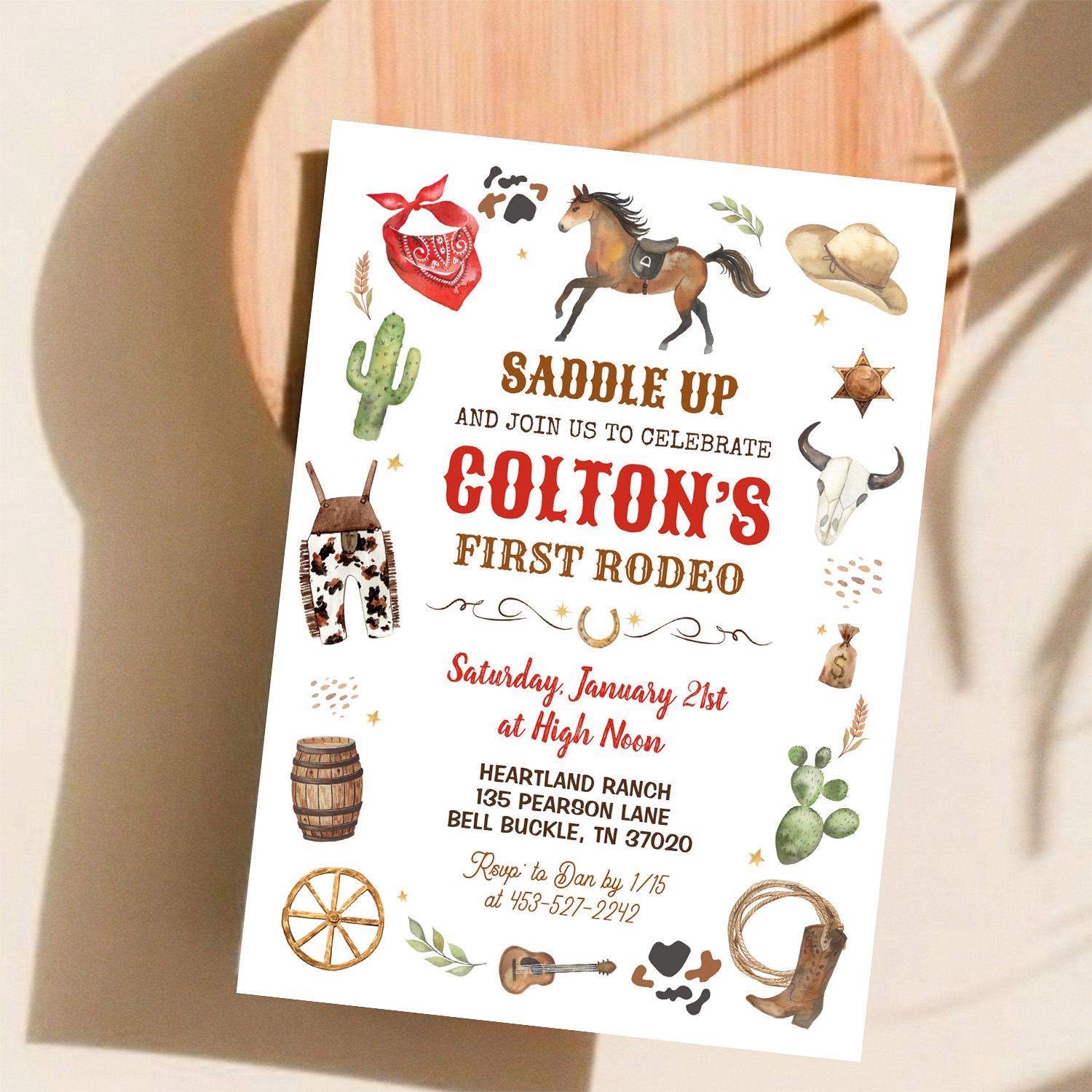 Cowboy 1st Rodeo Red Wild West Theme Birthday Invitation - Image 11