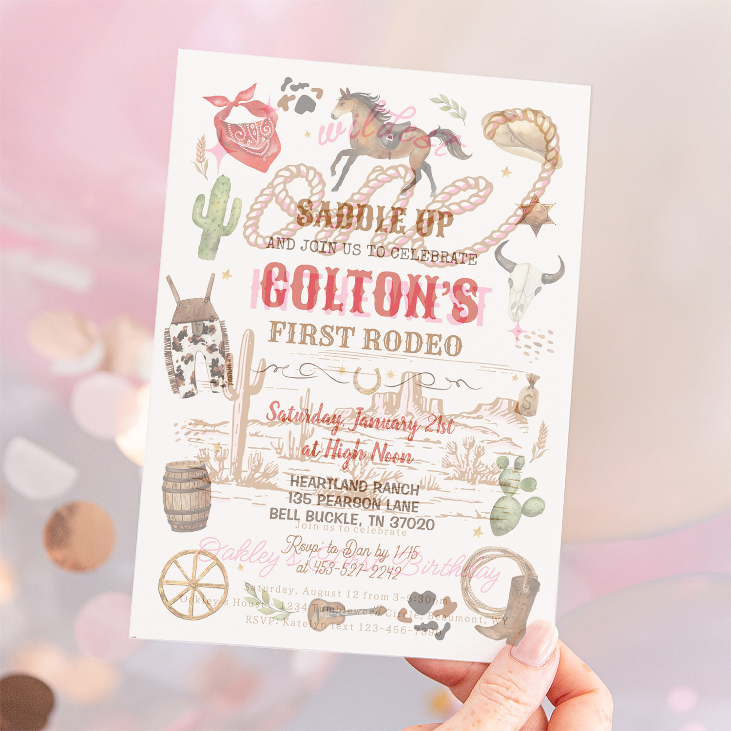 Cowboy 1st Rodeo Red Wild West Theme Birthday Invitation - Image 12