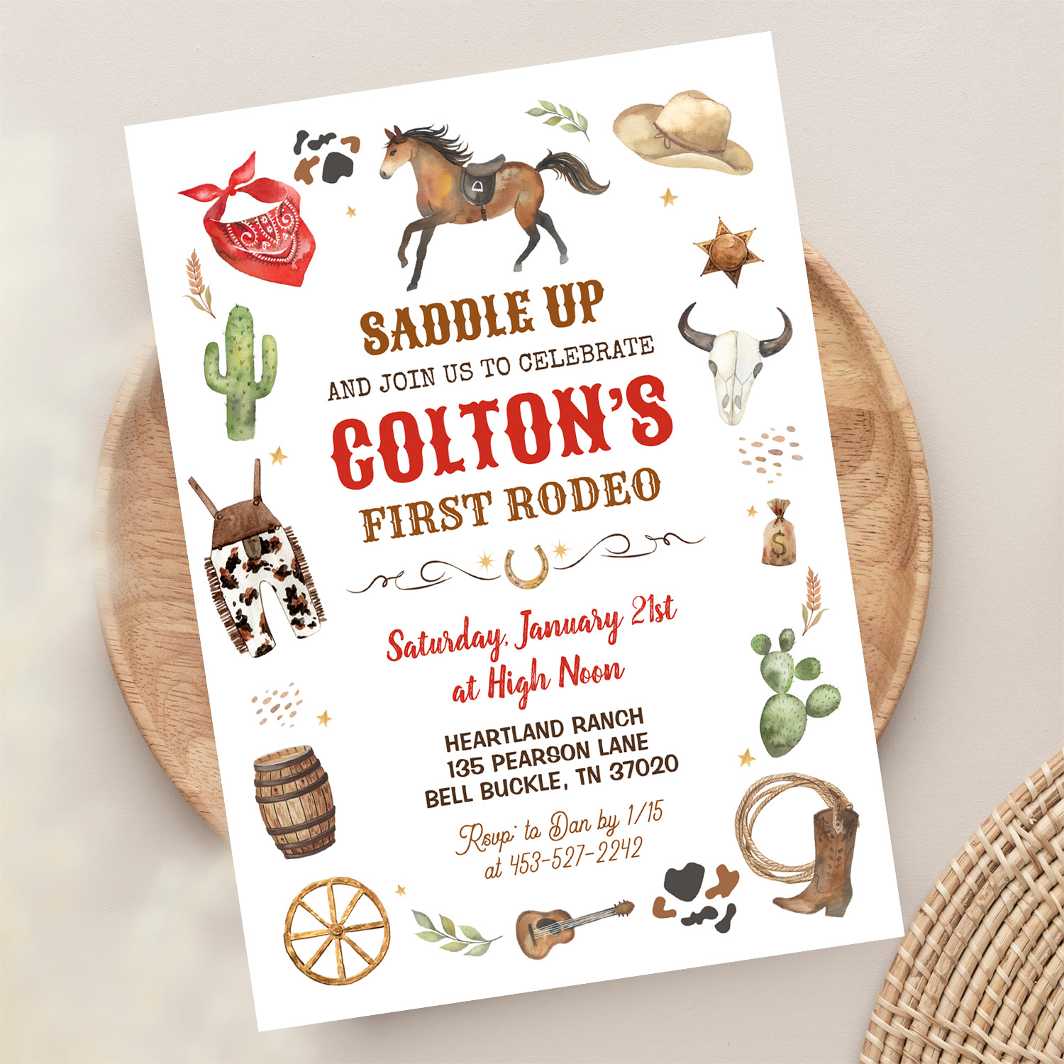 Cowboy 1st Rodeo Red Wild West Theme Birthday Invitation - Image 13