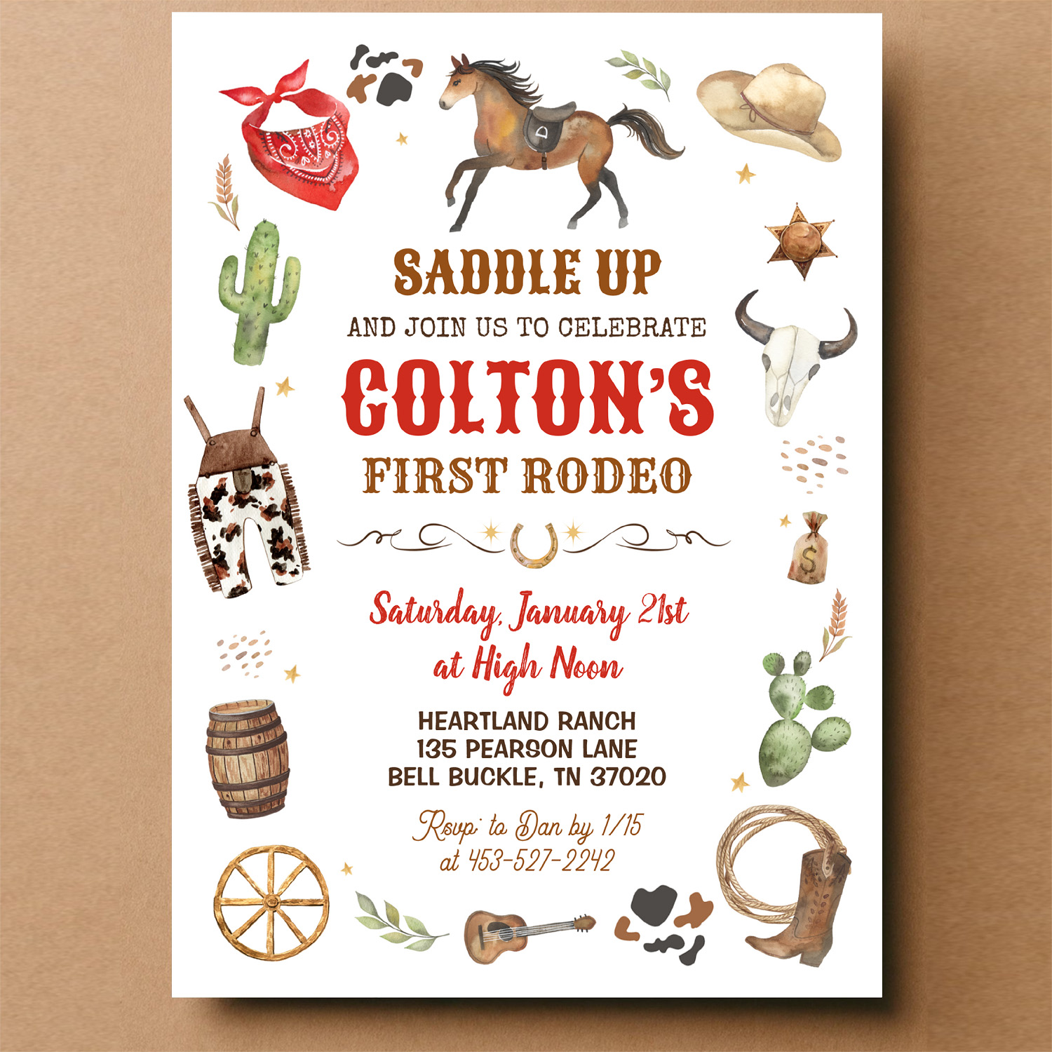 Cowboy 1st Rodeo Red Wild West Theme Birthday Invitation - Image 14