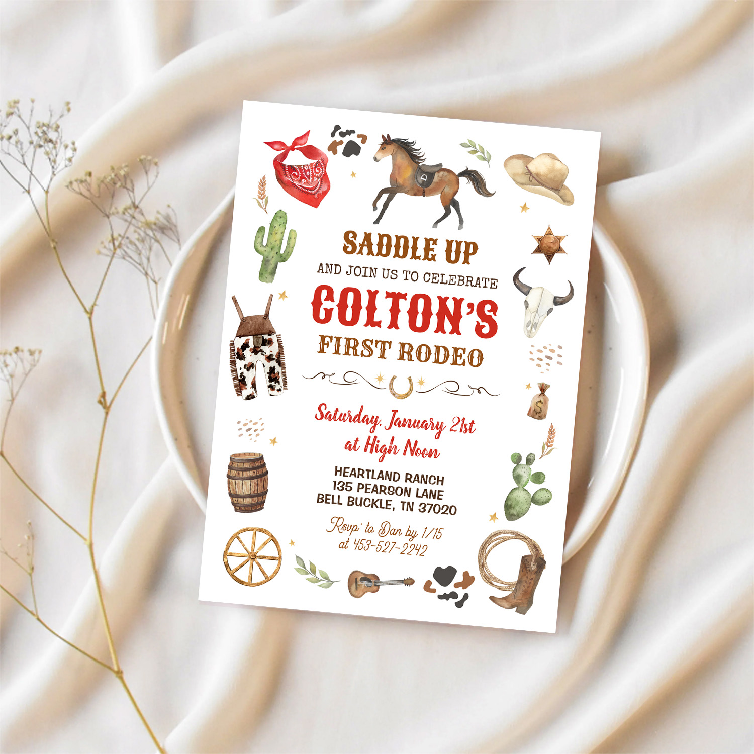 Cowboy 1st Rodeo Red Wild West Theme Birthday Invitation - Image 2