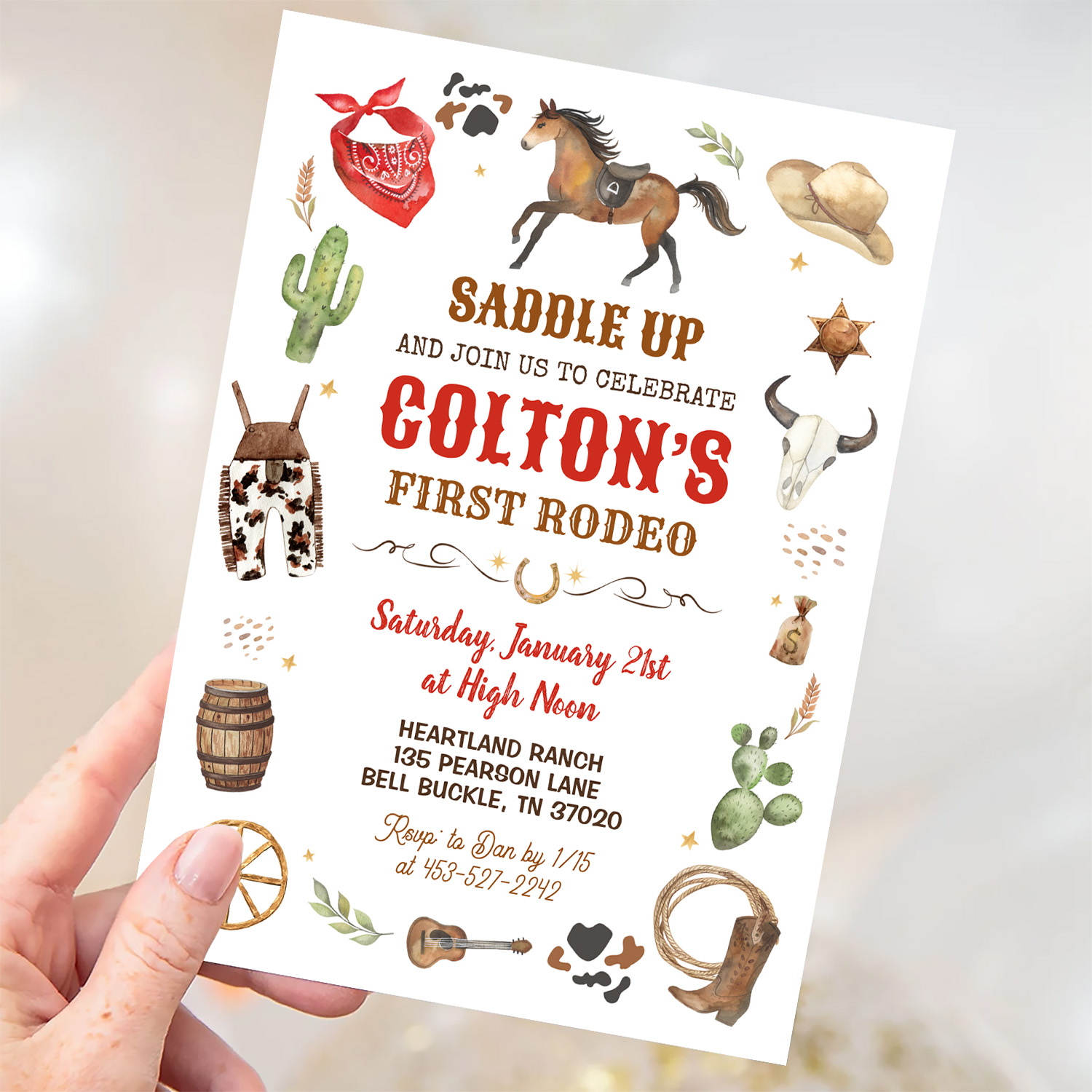 Cowboy 1st Rodeo Red Wild West Theme Birthday Invitation - Image 3