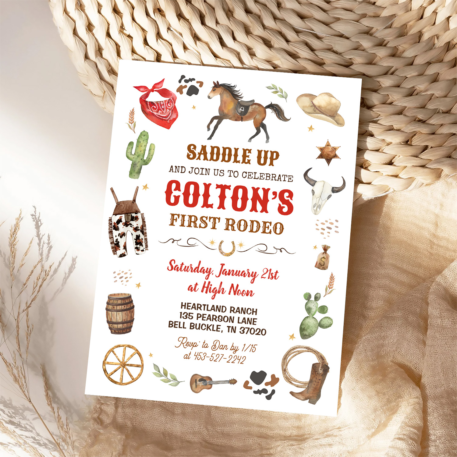 Cowboy 1st Rodeo Red Wild West Theme Birthday Invitation - Image 4
