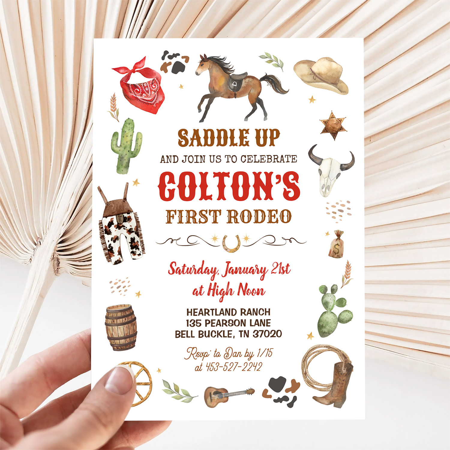 Cowboy 1st Rodeo Red Wild West Theme Birthday Invitation - Image 5