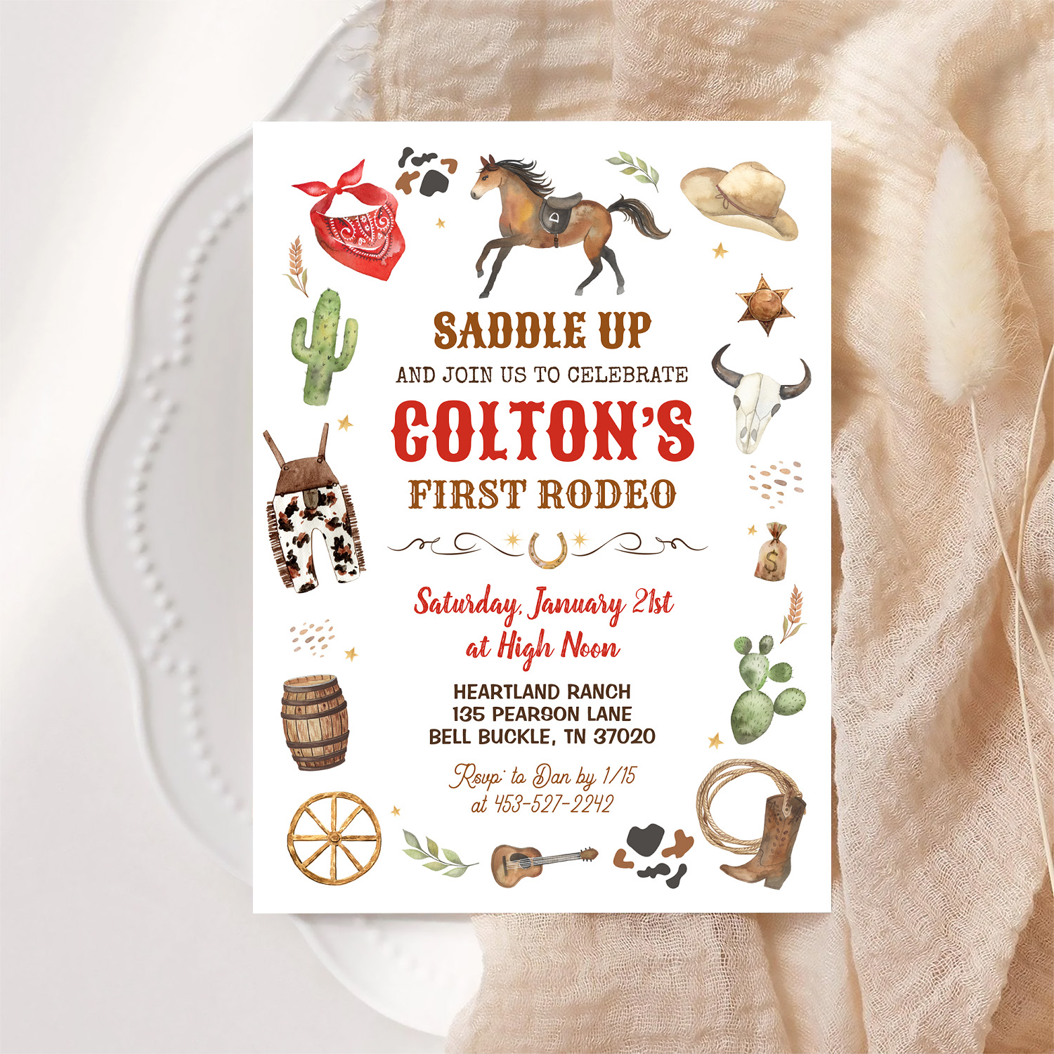 Cowboy 1st Rodeo Red Wild West Theme Birthday Invitation - Image 6