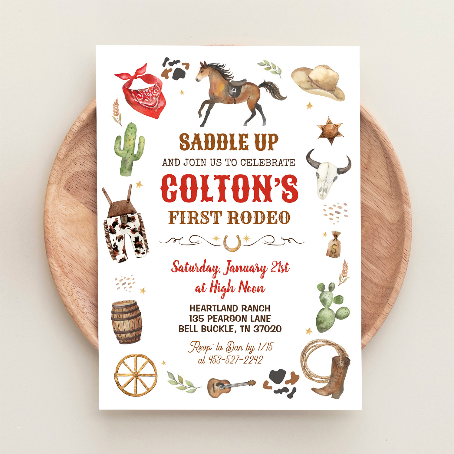 Cowboy 1st Rodeo Red Wild West Theme Birthday Invitation - Image 7