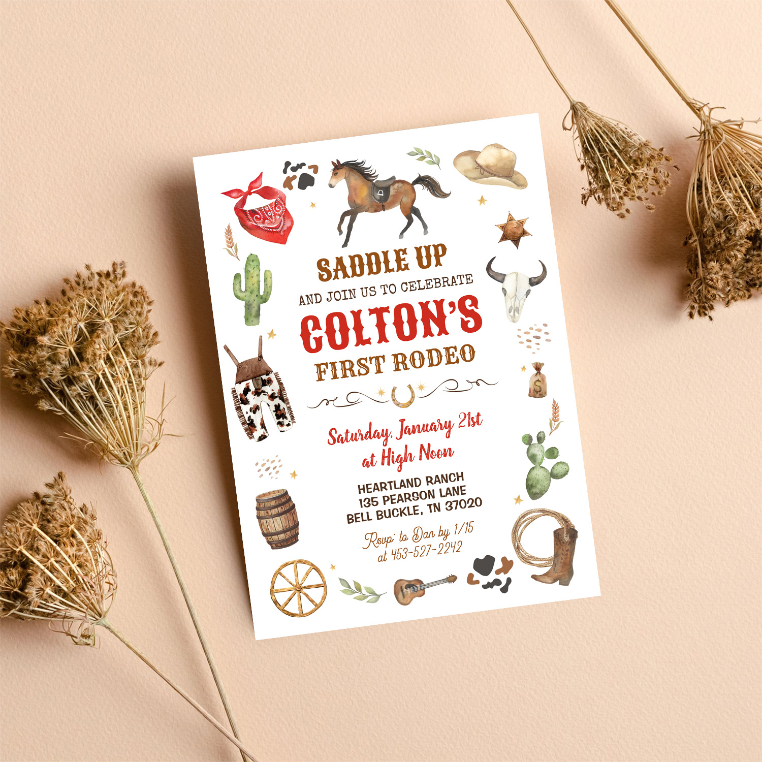 Cowboy 1st Rodeo Red Wild West Theme Birthday Invitation - Image 8