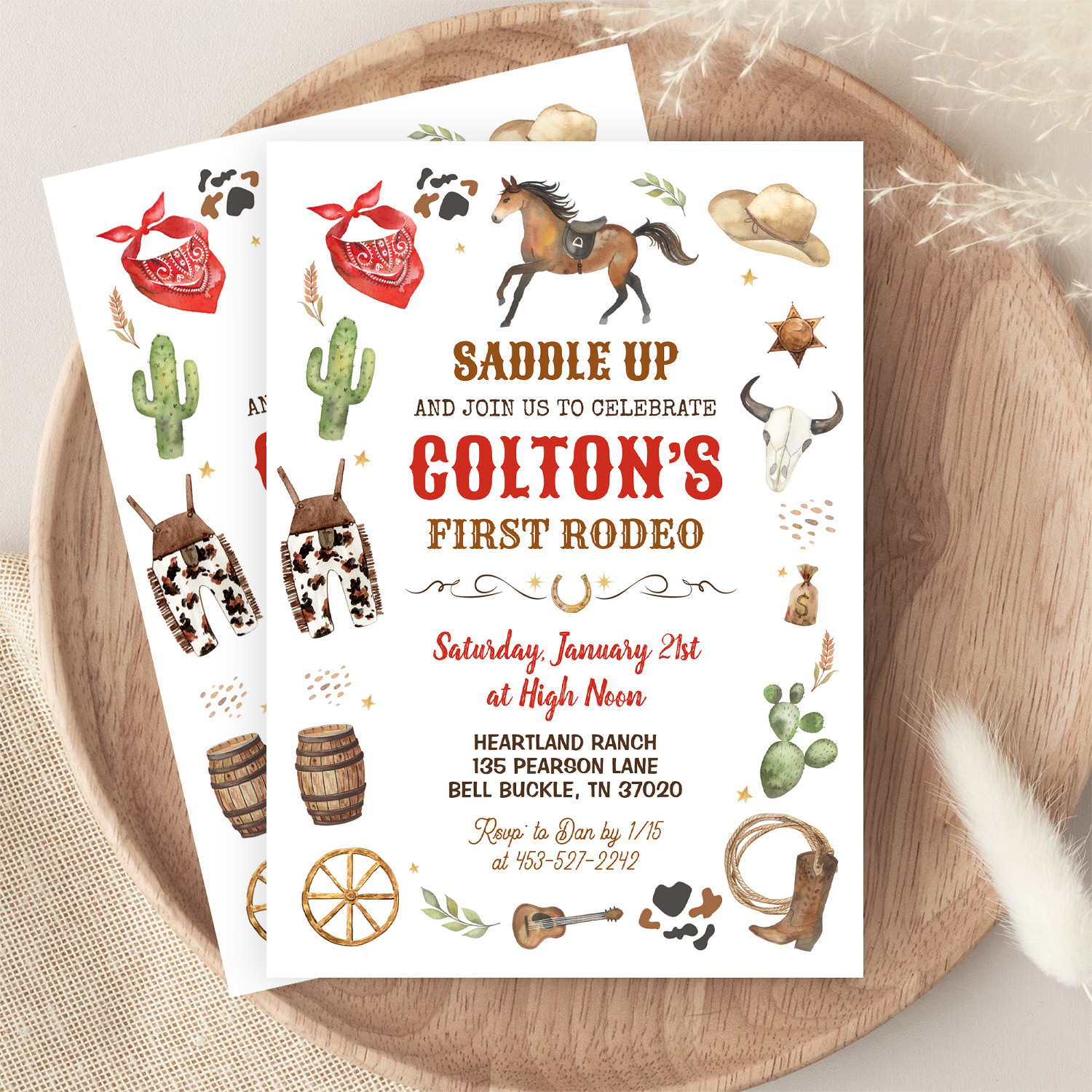 Cowboy 1st Rodeo Red Wild West Theme Birthday Invitation - Image 9