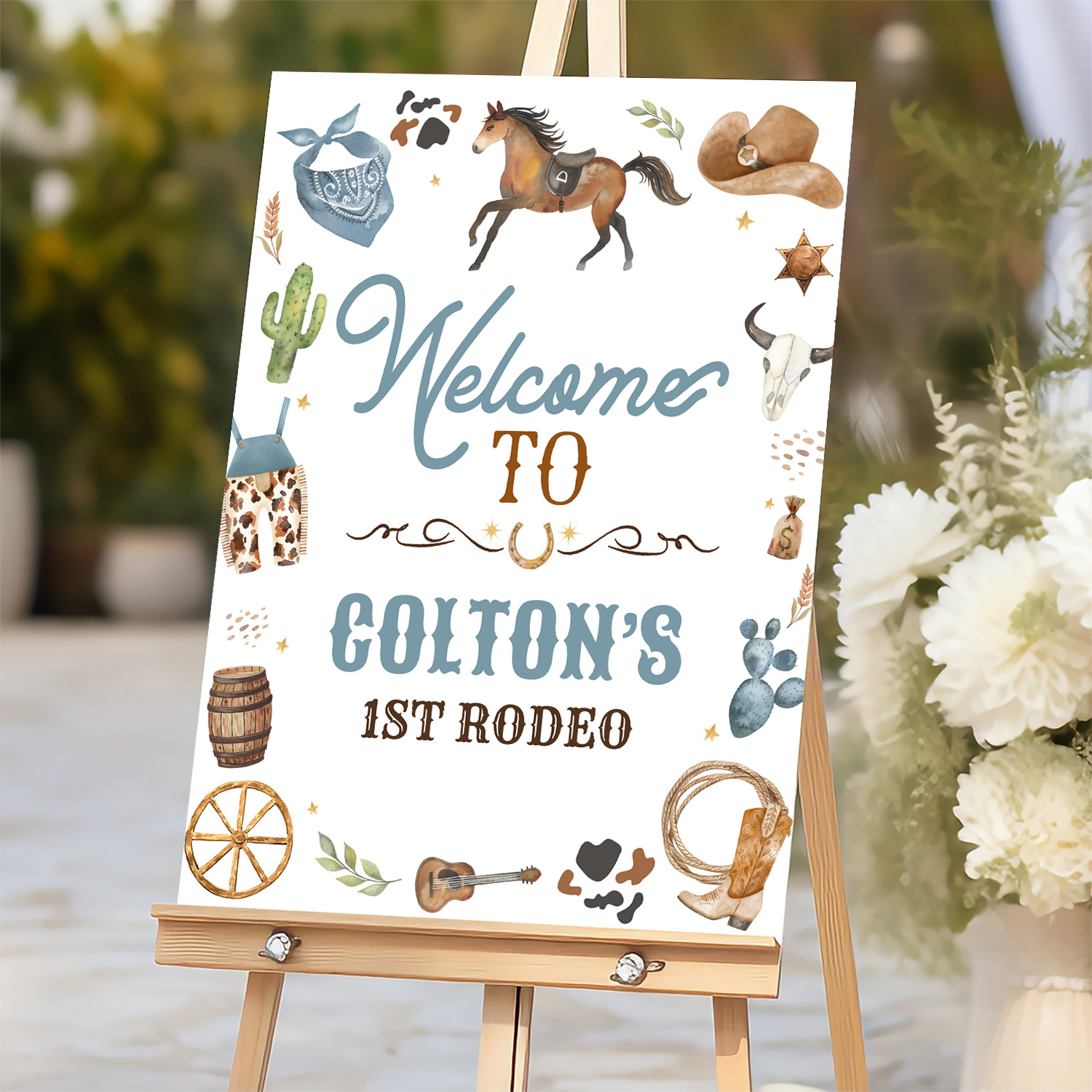 Cowgirl 1st Rodeo Blue Welcome Sign