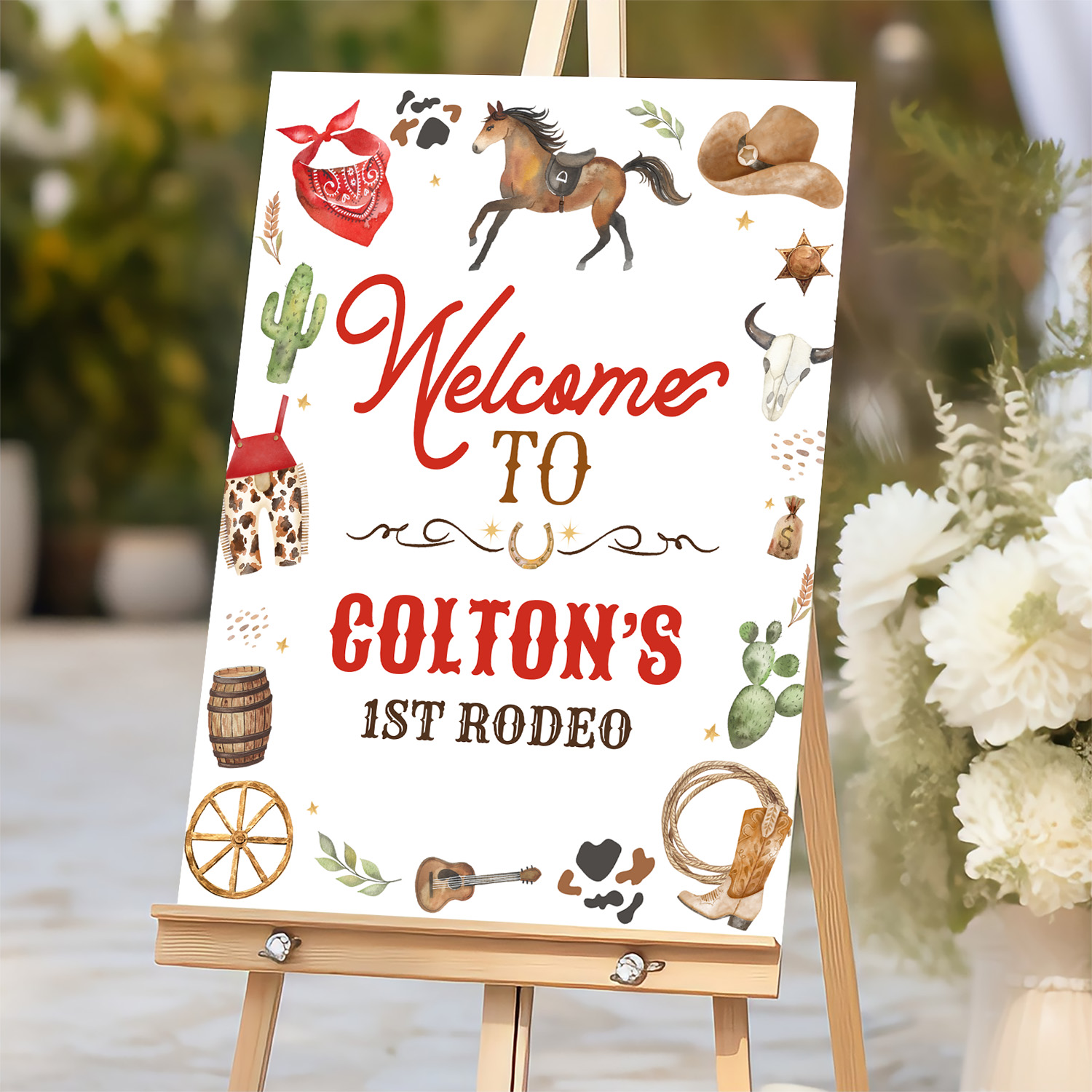 Cowgirl 1st Rodeo Red Welcome Sign