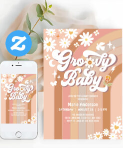 Cream Groovy Baby Hippie Retro Baby Shower Invitation