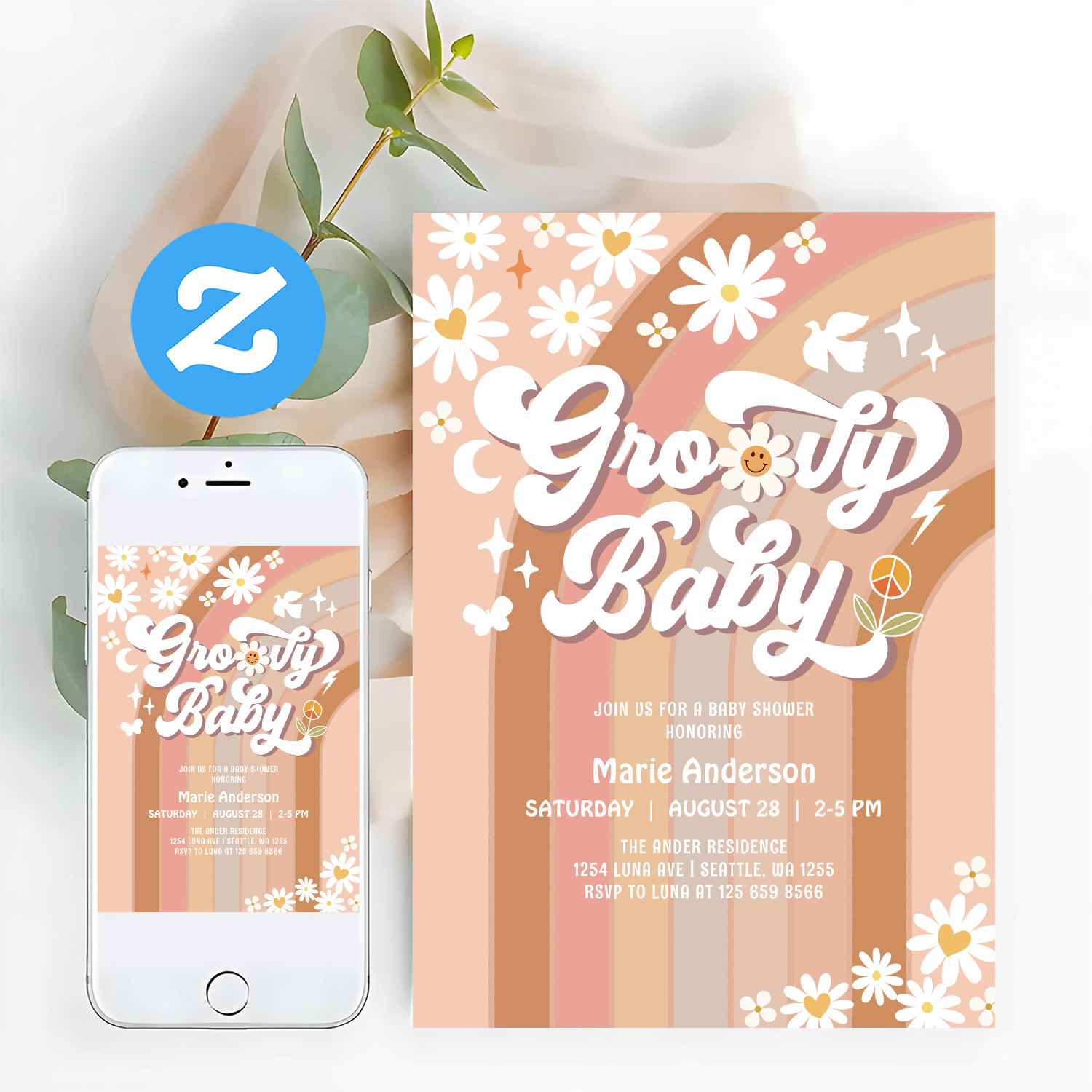 Cream Groovy Baby Hippie Retro Baby Shower Invitation