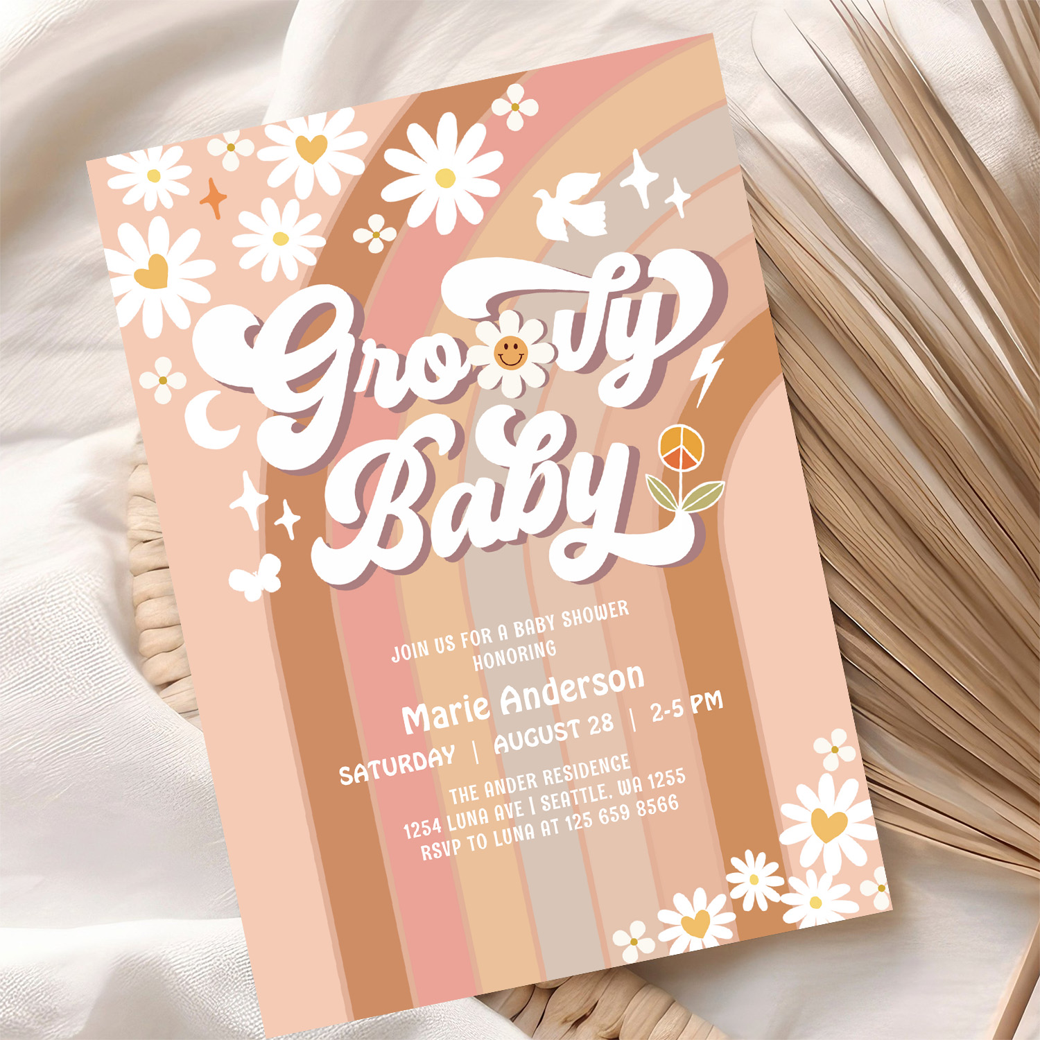 Cream Groovy Baby Hippie Retro Baby Shower Invitation - Image 10