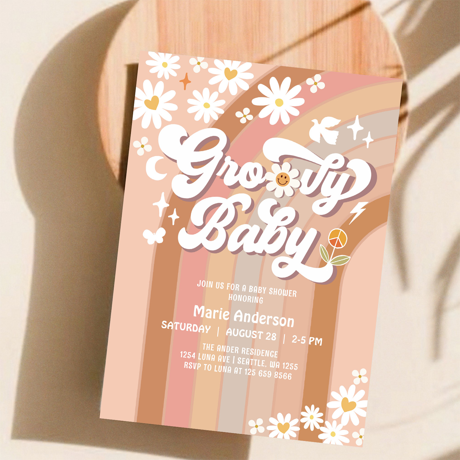 Cream Groovy Baby Hippie Retro Baby Shower Invitation - Image 11