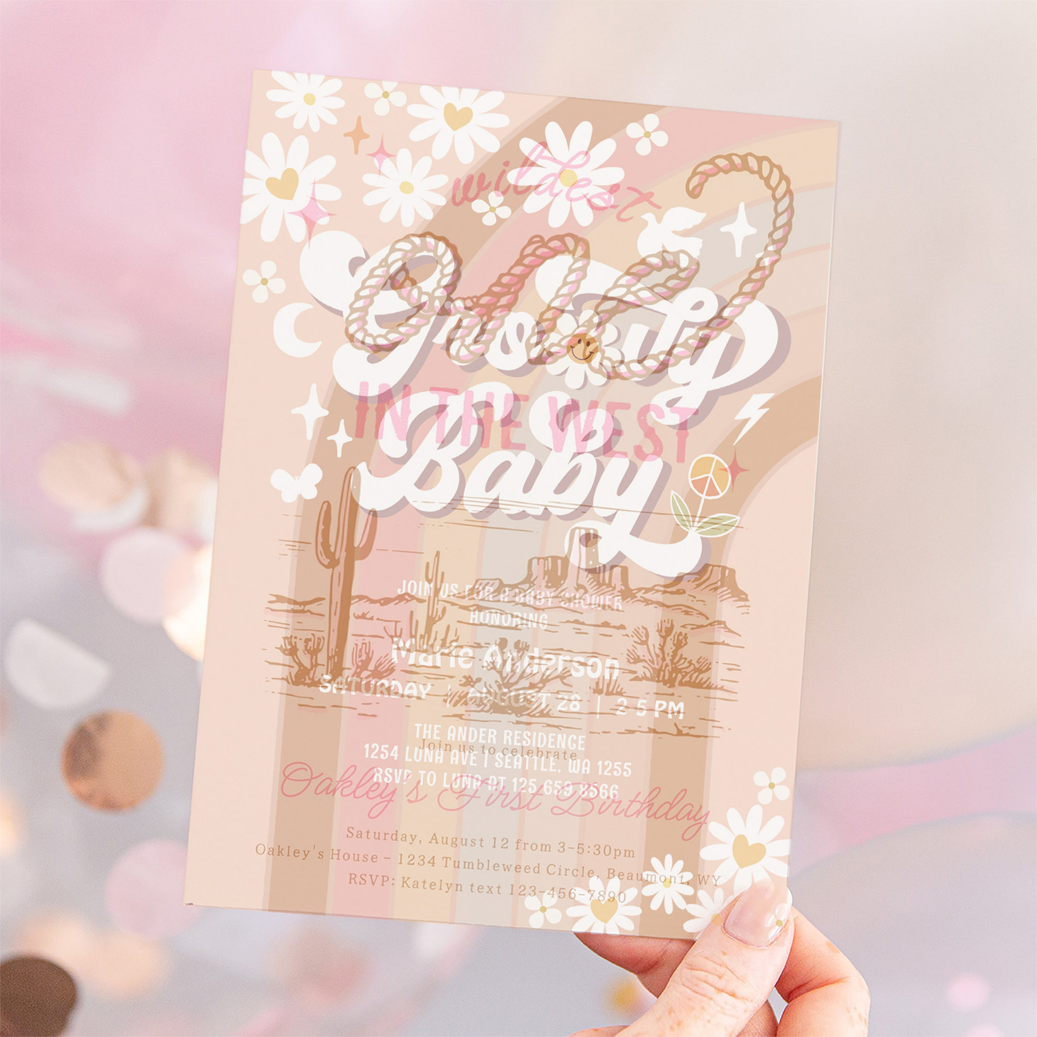 Cream Groovy Baby Hippie Retro Baby Shower Invitation - Image 12