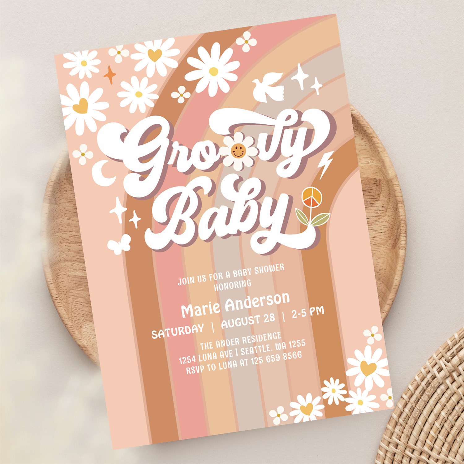 Cream Groovy Baby Hippie Retro Baby Shower Invitation - Image 13