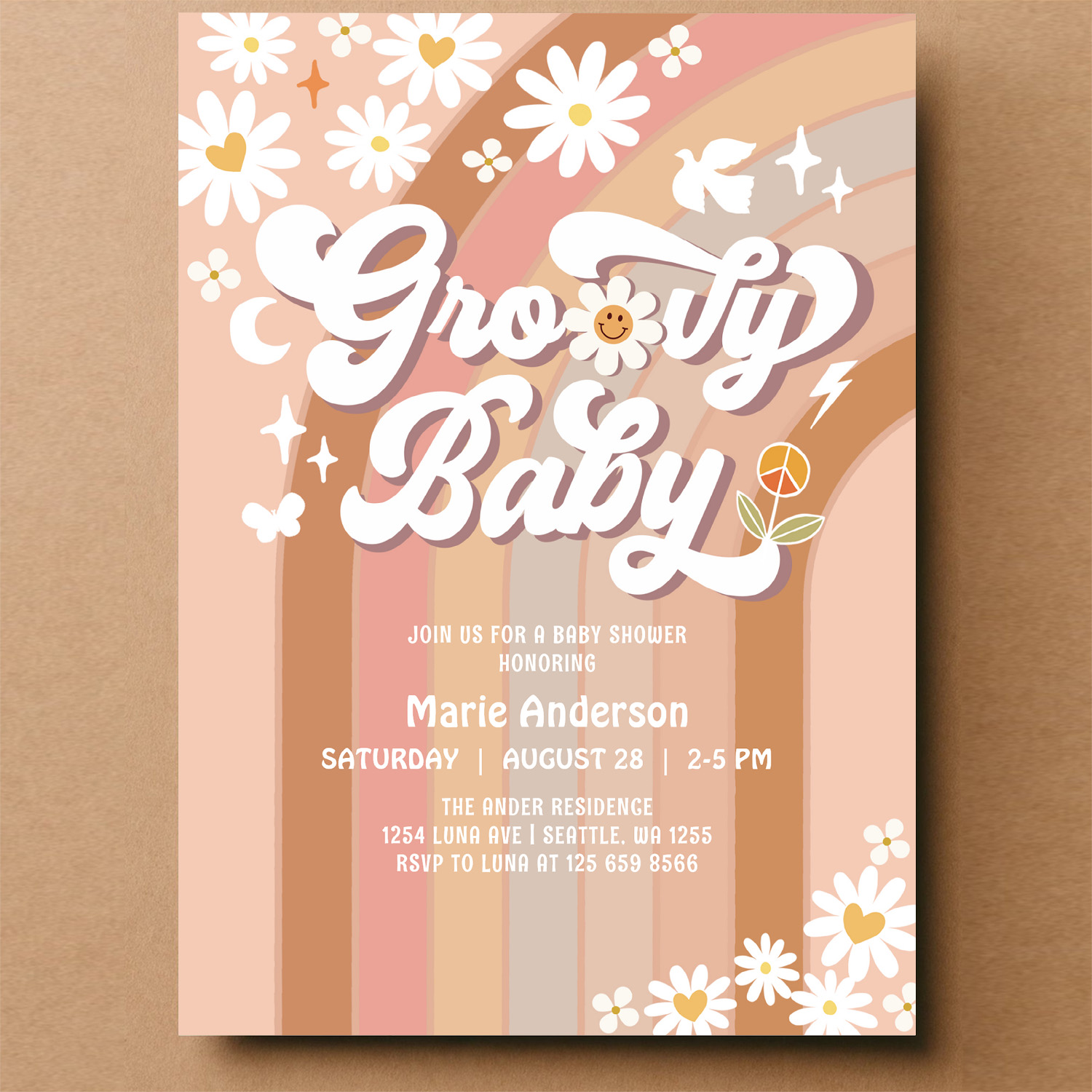 Cream Groovy Baby Hippie Retro Baby Shower Invitation - Image 14