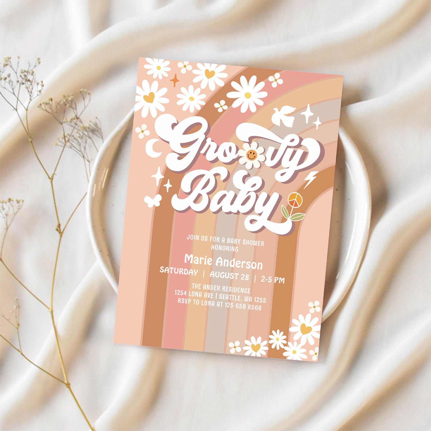 Cream Groovy Baby Hippie Retro Baby Shower Invitation - Image 2