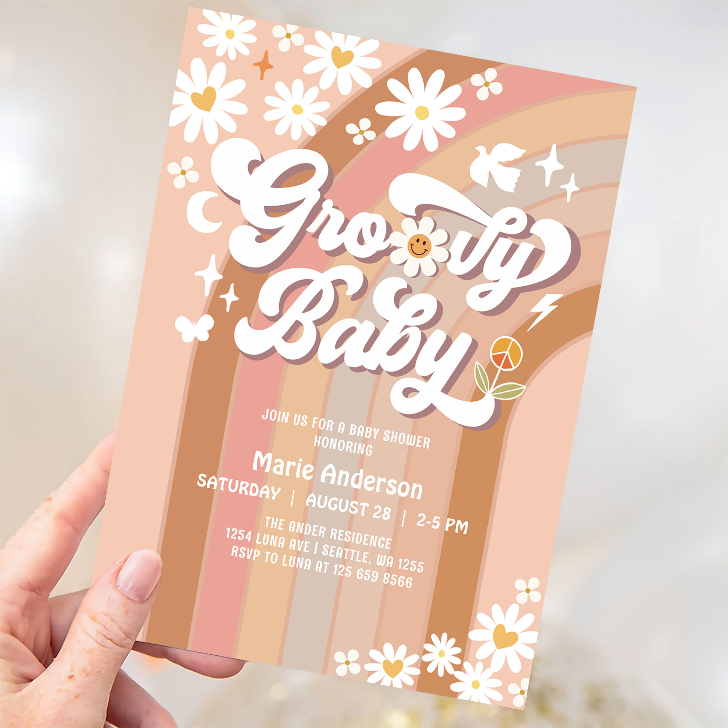 Cream Groovy Baby Hippie Retro Baby Shower Invitation - Image 3