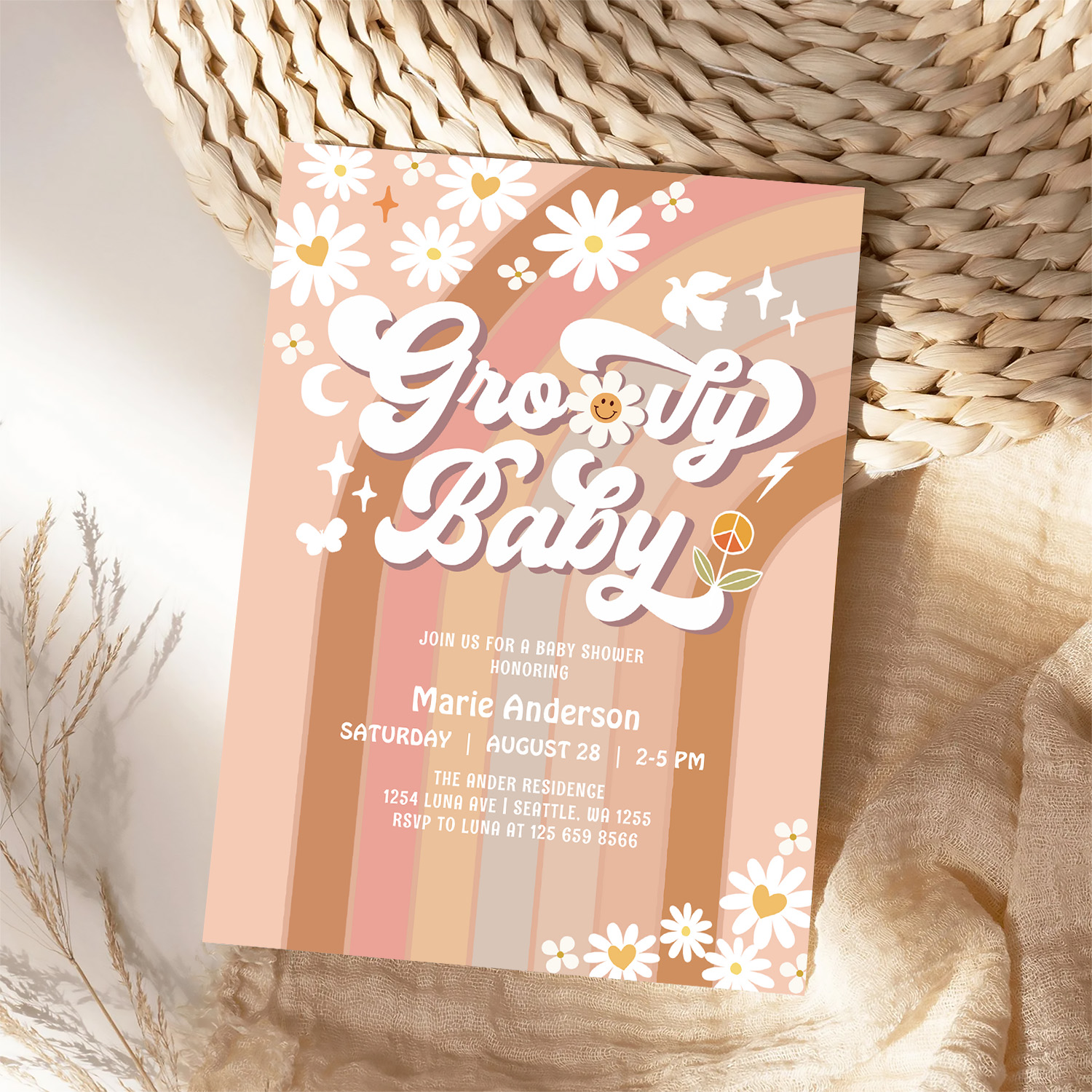 Cream Groovy Baby Hippie Retro Baby Shower Invitation - Image 4