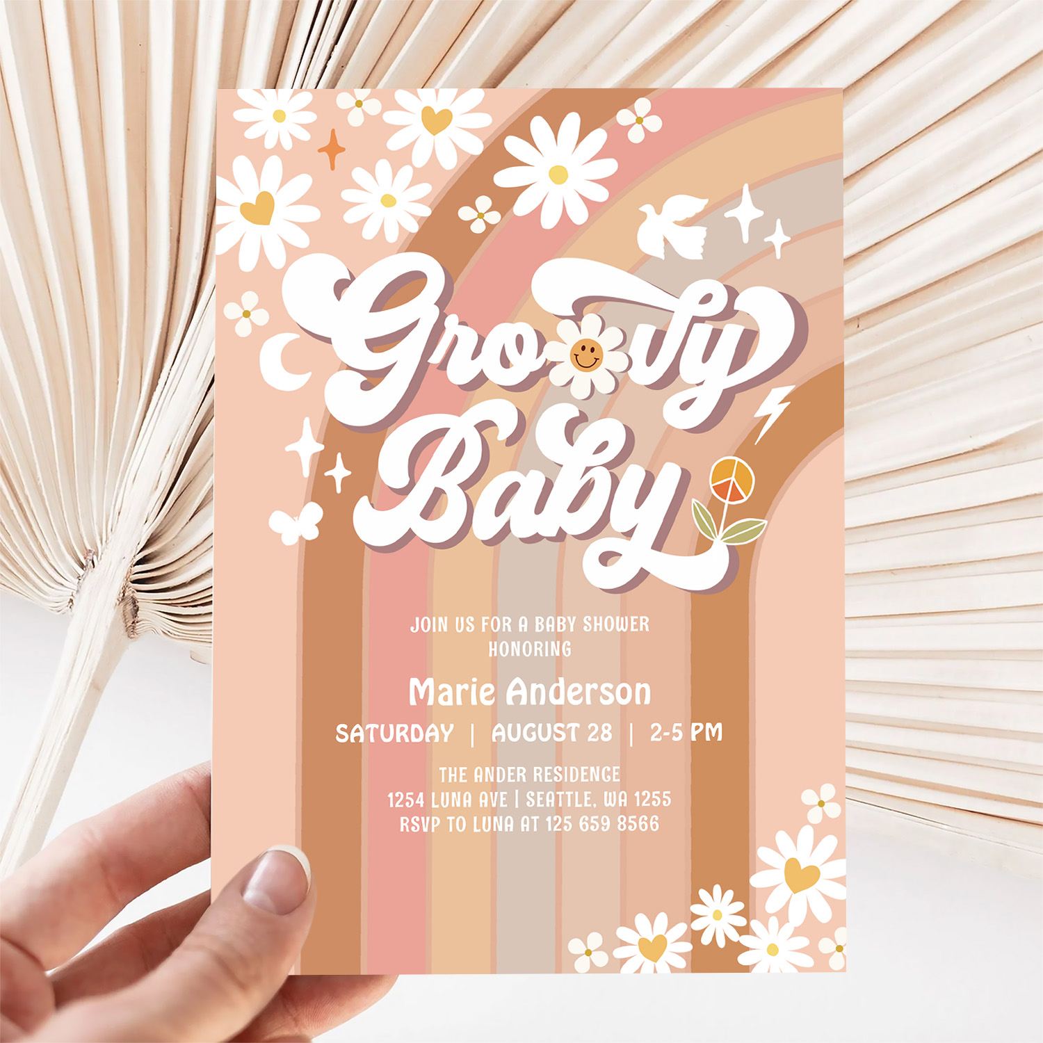 Cream Groovy Baby Hippie Retro Baby Shower Invitation - Image 5