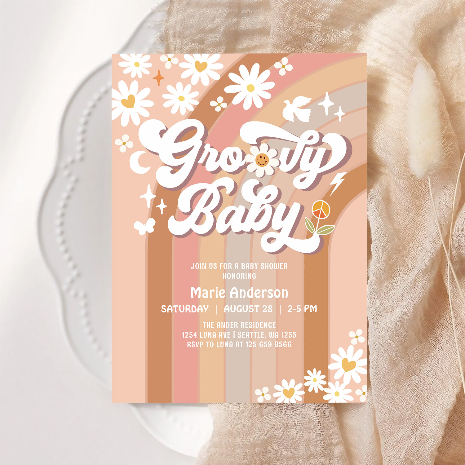 Cream Groovy Baby Hippie Retro Baby Shower Invitation - Image 6