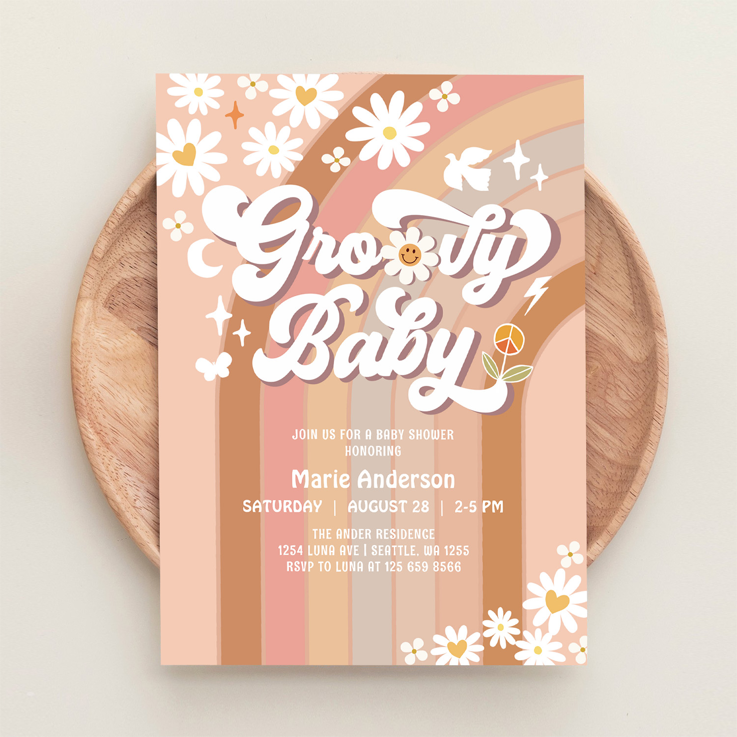 Cream Groovy Baby Hippie Retro Baby Shower Invitation - Image 7