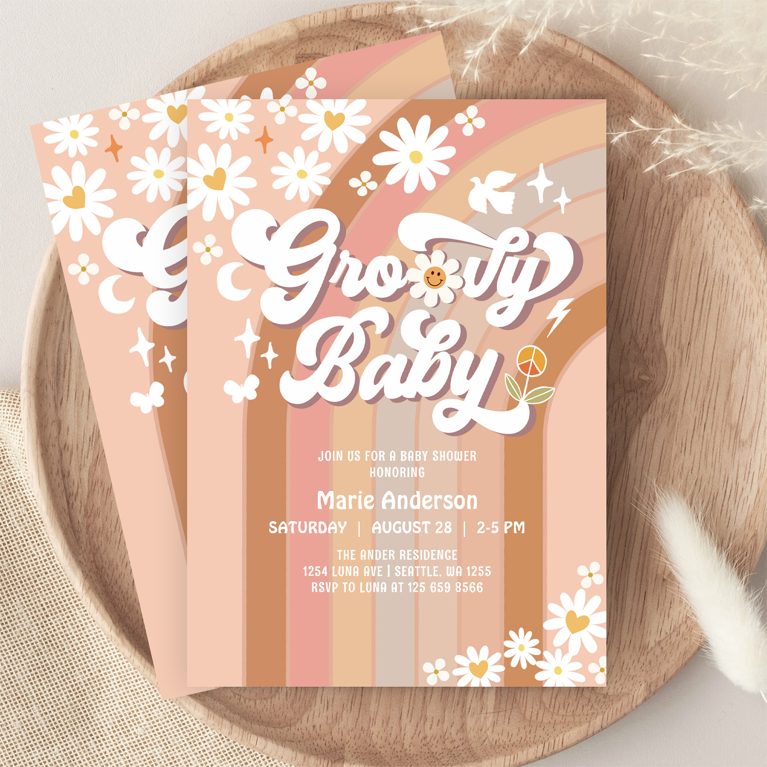 Cream Groovy Baby Hippie Retro Baby Shower Invitation - Image 9