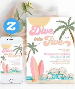 Dive Into Five Girl Surfing 5th Birthday Party Invitation