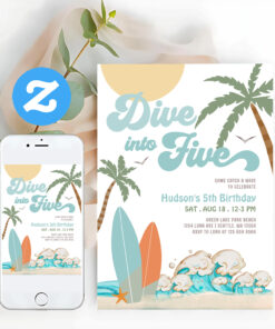Dive Into Five Surfing Boy 5th Birthday Party Invitation