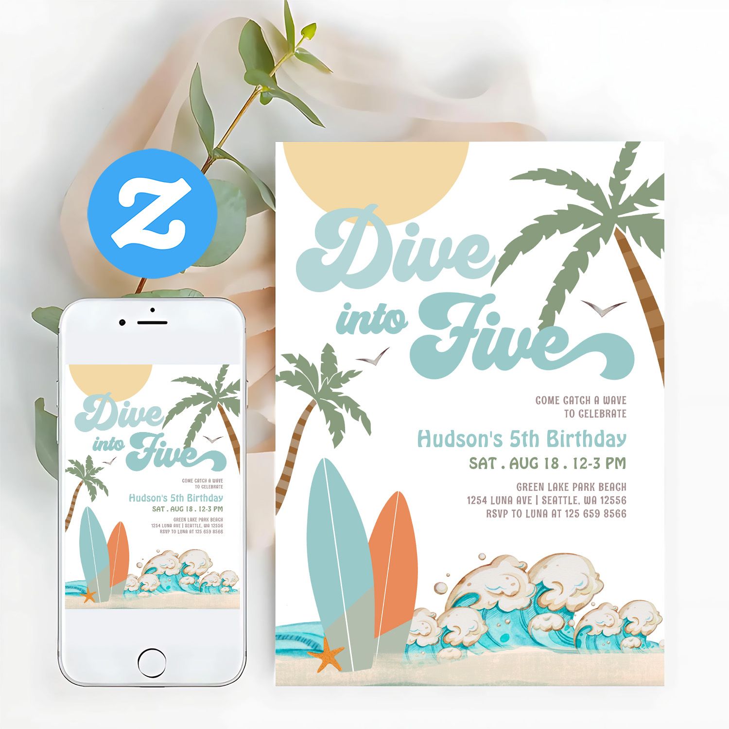 Dive Into Five Surfing Boy 5th Birthday Party Invitation