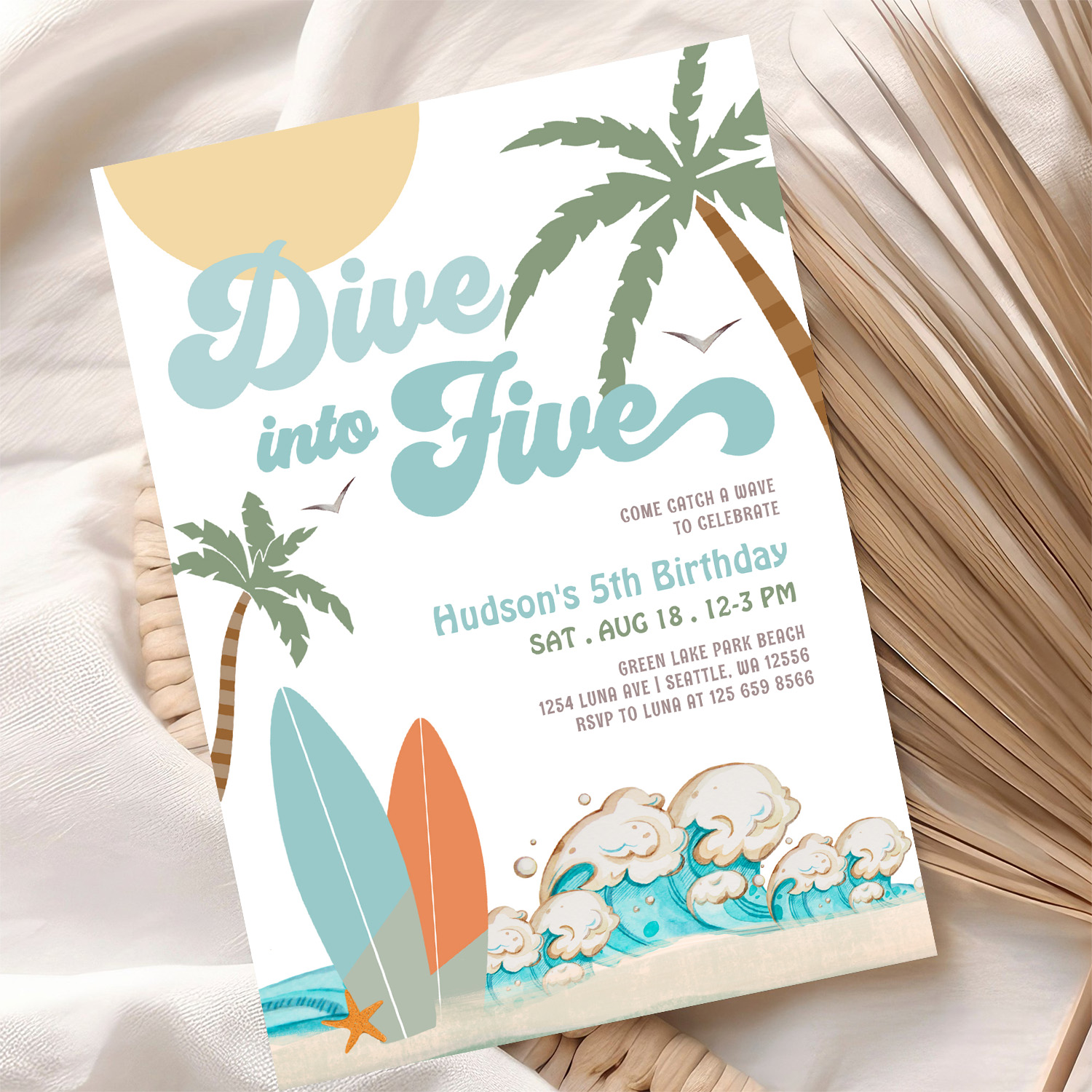 Dive Into Five Surfing Boy 5th Birthday Party Invitation - Image 10