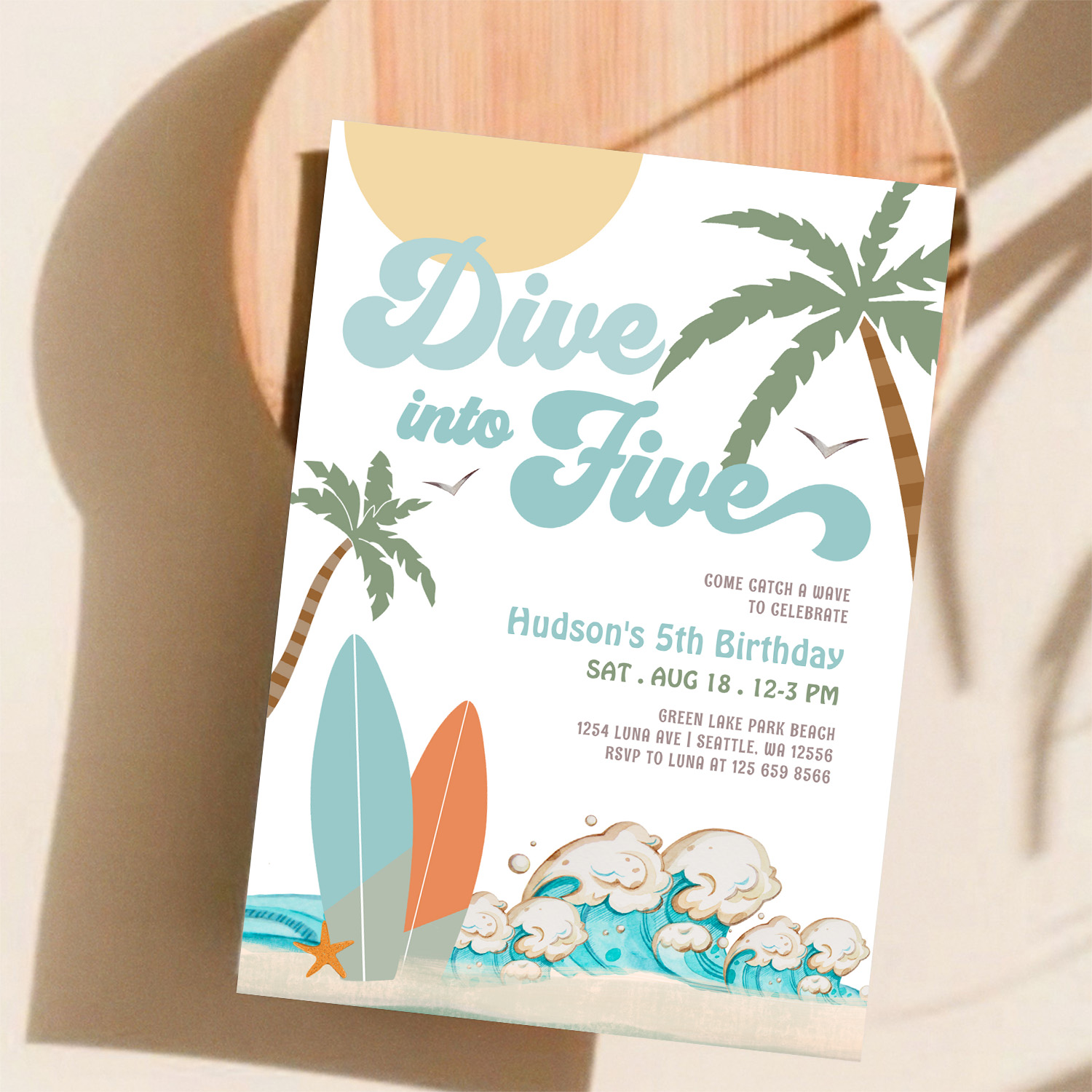 Dive Into Five Surfing Boy 5th Birthday Party Invitation - Image 11