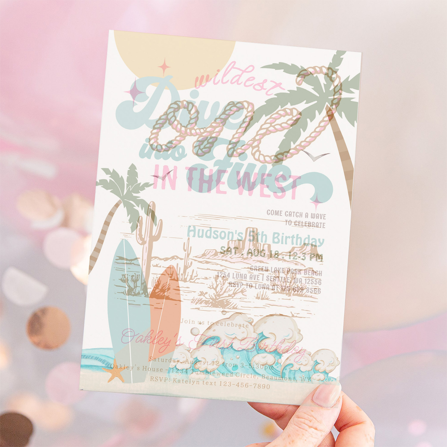 Dive Into Five Surfing Boy 5th Birthday Party Invitation - Image 12