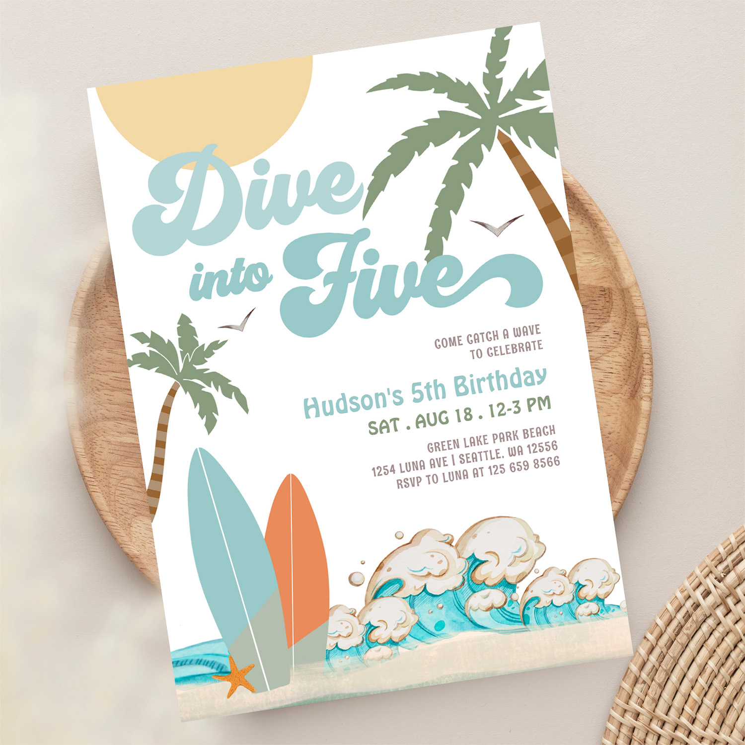 Dive Into Five Surfing Boy 5th Birthday Party Invitation - Image 13