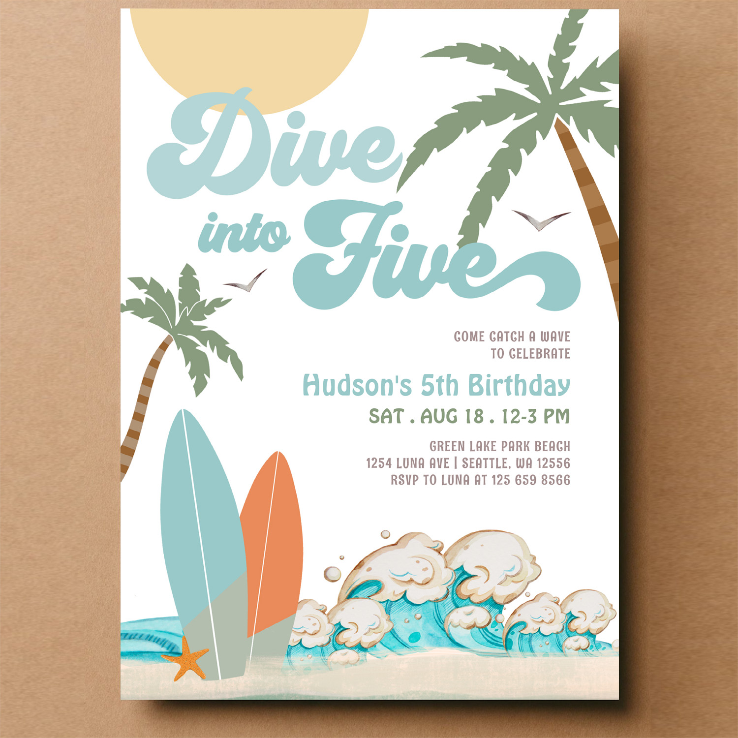 Dive Into Five Surfing Boy 5th Birthday Party Invitation - Image 14