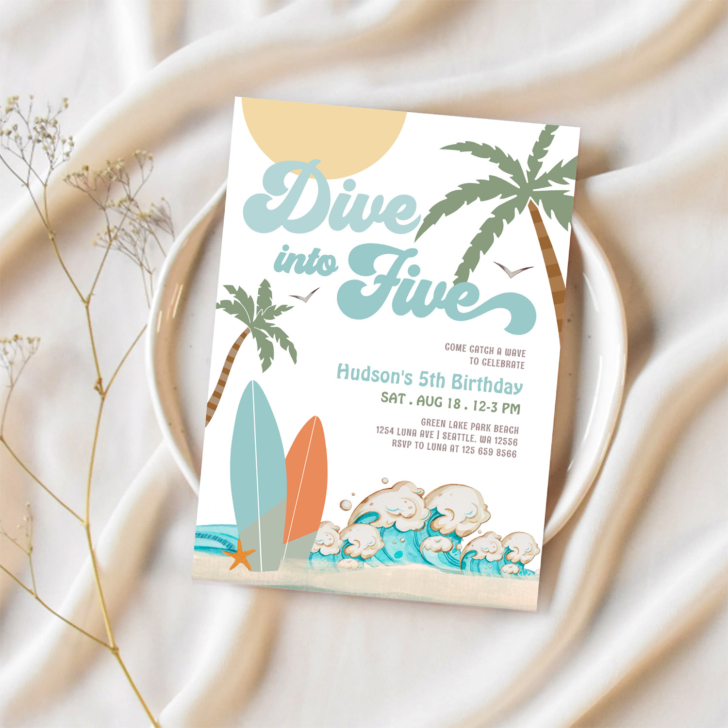 Dive Into Five Surfing Boy 5th Birthday Party Invitation - Image 2