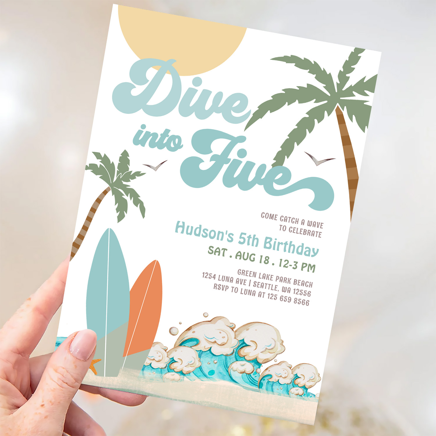 Dive Into Five Surfing Boy 5th Birthday Party Invitation - Image 3