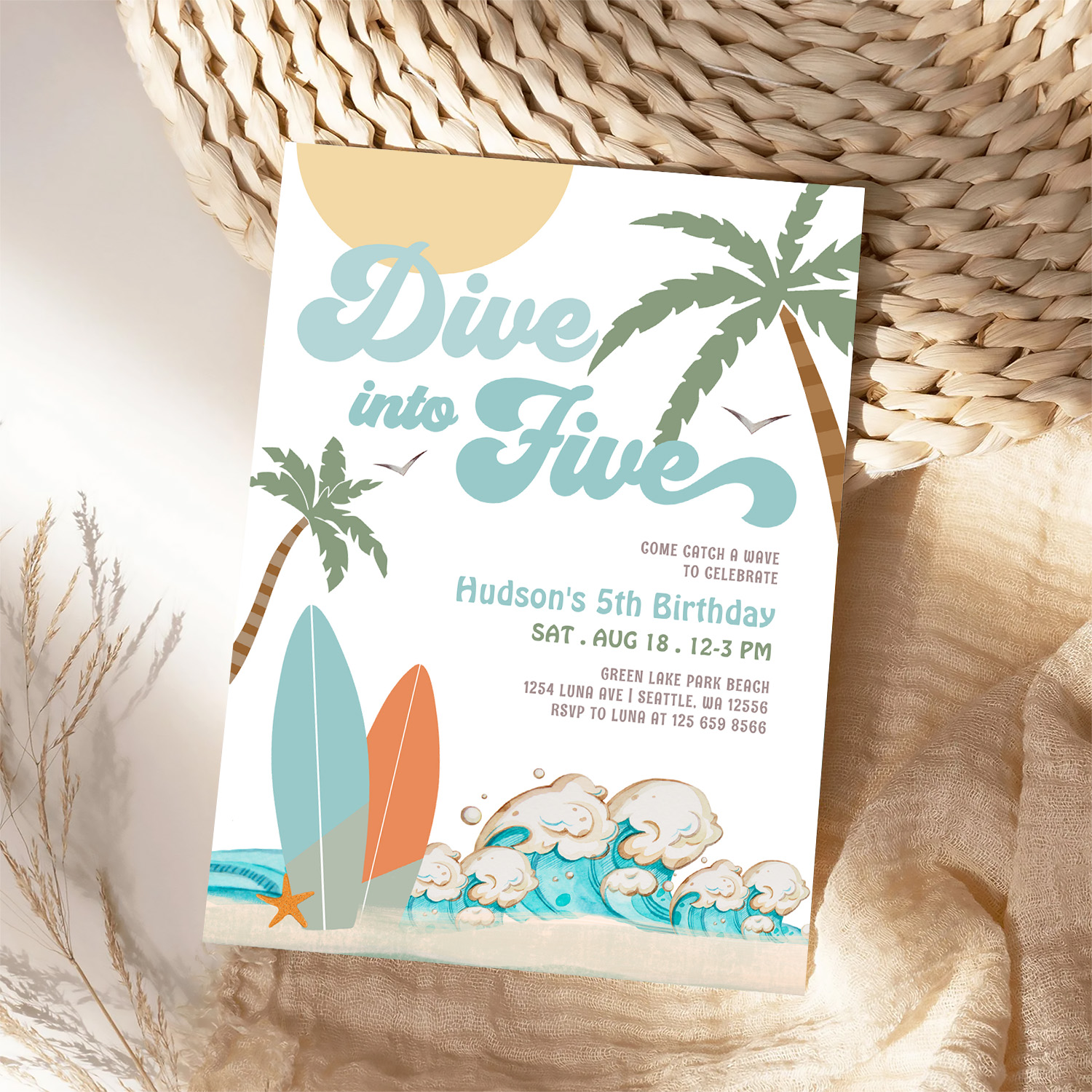 Dive Into Five Surfing Boy 5th Birthday Party Invitation - Image 4